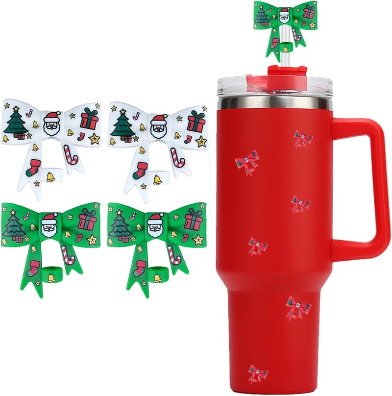 HIUSITY Christmas Bow Straw Cover Topper for Stanley Cup,Silicone Straw Toppers for Tumbler with Handle 40oz,Cute 10mm/0.4in Straws Covers Cap,Reusable Lids for Stanley Cups Accessories, 4Pcs Green - Image 1